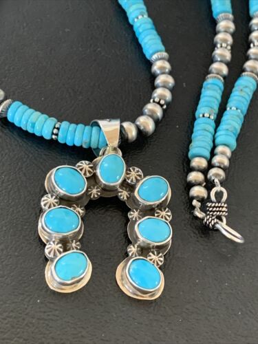 Navajo Blue Turquoise Necklace with Sterling Silver Naja Pendant | Authentic Native American Handmade | 02017