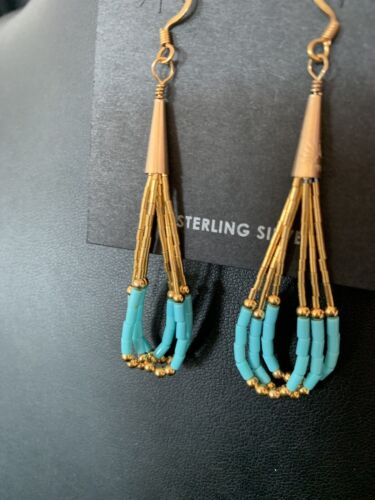 Navajo Blue Turquoise Dangle Heishi Earrings | Liquid Gold Filled Tubes | 2" | 13032