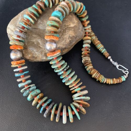 Navajo Green Turquoise & Spiny Oyster Necklace | Sterling Silver | Authentic Native American | 26" | 13907