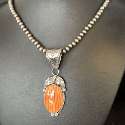 Navajo Pearls Orange Spiny Oyster Necklace Pendant | Sterling Silver | Authentic Native American Handmade | 14717