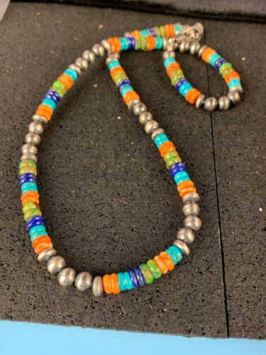 Native American Sterling Silver Multi-Stone Turquoise Lapis Necklace Bracelet Set | Navajo Handmade | 12345 - Masha USA