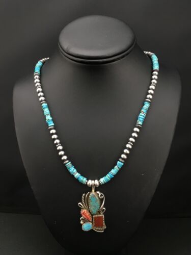 Navajo Turquoise & Spiny Oyster Pendant Necklace | Sterling Silver | 20" | Authentic Native American Handmade | 4836