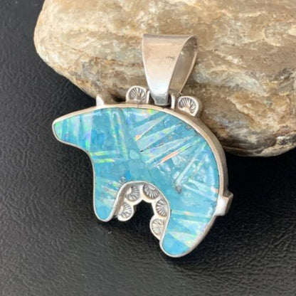 Navajo Blue Turquoise Opal Inlay Pendant | Sterling Silver | Authentic Native American Handmade | 12603
