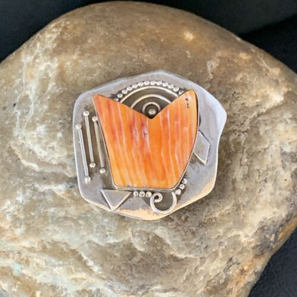 Southwestern Navajo Handmade Pin | Sterling Silver | Orange Spiny Oyster | Authentic Native American | 13716