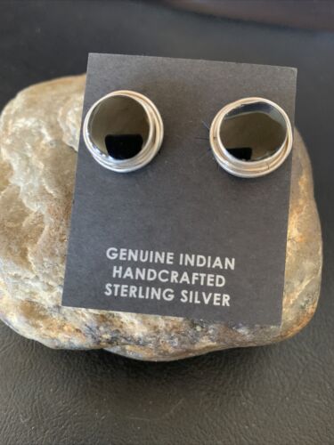 Navajo Black Onyx Stud Post Earrings | Sterling Silver | 0.5" | Authentic Native American Handmade | 12642