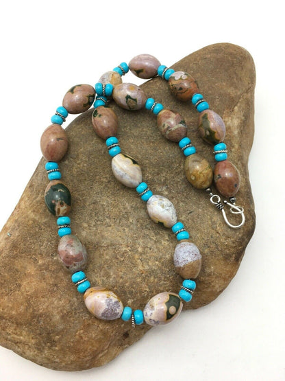 Native American Sterling Silver Blue Turquoise Agate Necklace | Authentic Handmade | 19" | 4499 - Masha USA