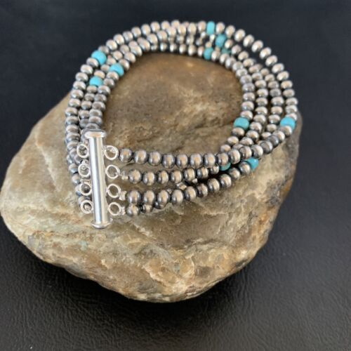 Navajo Pearls Blue Turquoise Bracelet | Sterling Silver | 4-Strand | Authentic Native American Handmade | 13148