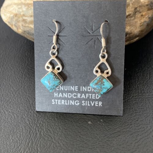 Navajo Blue Turquoise Dangle Earrings | Sterling Silver | 0.5" | Authentic Native American Handmade | 12748