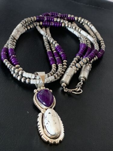 Navajo Sterling Silver Turquoise & Sugilite Beads Necklace Pendant | 23" | Multi-Strand | 01867
