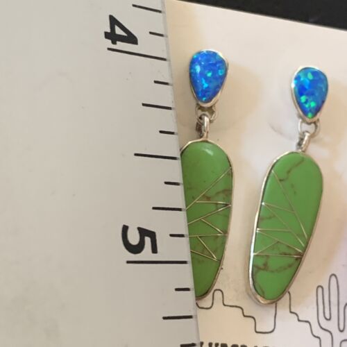Navajo Green Gaspeite Opal Inlay Earrings | Sterling Silver | 1" | Authentic Native American Handmade | 12021