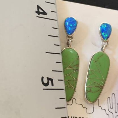 Navajo Green Gaspeite Opal Inlay Earrings | Sterling Silver | 1" | Authentic Native American Handmade | 12021