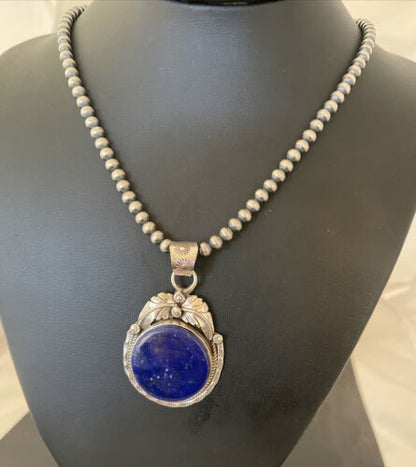 Native American Men's Necklace | Sterling Silver Navajo Pearls with Blue Lapis Pendant | 1525