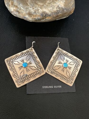 Navajo Blue Turquoise Earrings | Stamped Sterling Silver | Authentic Native American Handmade | 12912