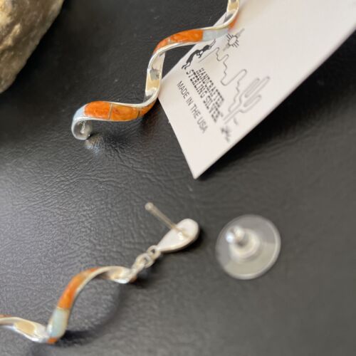 Navajo Snake Swirl Earrings | Orange Spiny Opal Inlay | Sterling Silver | 3.25" | 1548