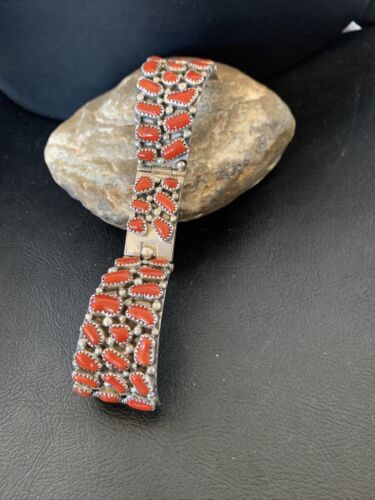 Old Pawn Men's Navajo Sterling Silver Watch Bracelet with Red Coral | Authentic Native American Jewelry | 12152