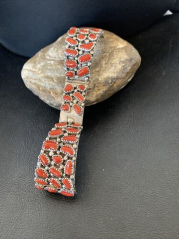 Old Pawn Men's Native American Navajo Sterling Watch Bracelet Red Coral 12152