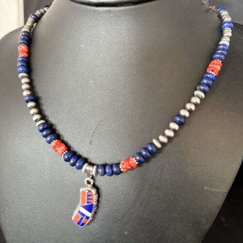 Navajo Blue Lapis Spiny Oyster Necklace Pendant | Sterling Silver Inlay | Authentic Native American Handmade | 14617