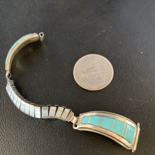 Navajo Sterling Silver Watch Tips with Blue Turquoise Inlay Band | Authentic Native American Jewelry | 13728