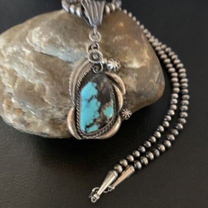 Navajo Pearl Necklace with Blue Spiderweb Turquoise Pendant | Sterling Silver | Native American Handmade | 13258