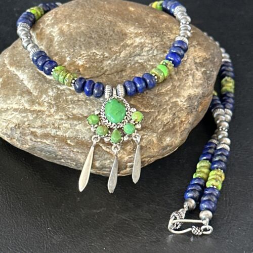 Navajo Green Turquoise Lapis Multi-Stone Necklace Pendant | Authentic Native American Sterling Silver | 14615