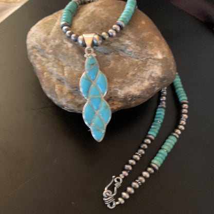 Authentic Native American Navajo Sterling Silver Pendant | Blue Turquoise & Opal Inlay Necklace | 11471