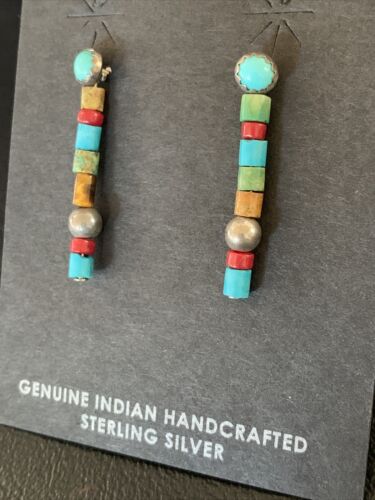 Multi-Color Turquoise Coral Bead Earrings | Sterling Silver | Navajo Handmade | 1" | 13053