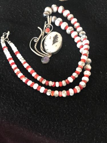 Navajo White Turquoise & Spiny Oyster Pendant Necklace | Authentic Native American Sterling Silver | Multi-Stone | 8645