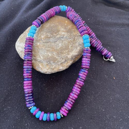 Navajo Sterling Silver Necklace | Purple Sugilite & Turquoise Beads | Authentic Native American Handmade | 21" | 1170
