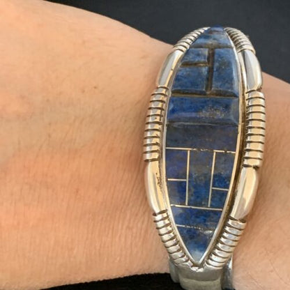 Native American Men's Blue Lapis Inlay Cuff Bracelet | Navajo Sterling Silver | 13709