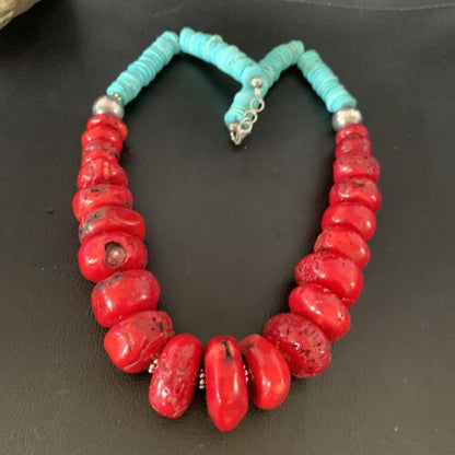 Navajo Red Coral & Turquoise Bead Necklace | Sterling Silver | Authentic Native American | 21" | 13163