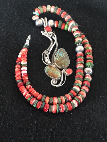 Navajo Turquoise #8 & Spiny Oyster Pendant Necklace | Sterling Silver | Native American Handmade | 8646