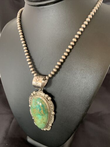 Navajo Green Royston Turquoise Pendant Necklace | Sterling Silver | Authentic Native American Handmade | 10238