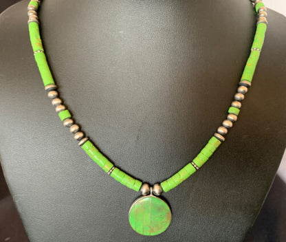 Navajo Green Gaspeite Turquoise Pendant | Sterling Silver | Authentic Native American Handmade | 12344