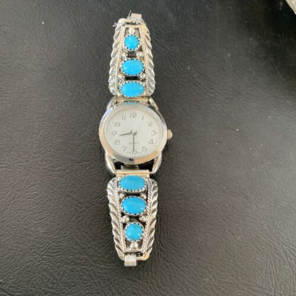 Navajo Sterling Silver Watch Tips with Blue Kingman Turquoise | Stretch Band | Authentic Native American Jewelry | 11578