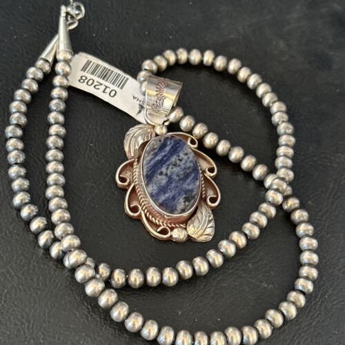 Navajo Denim Lapis Pendant Necklace | Sterling Silver Beads | Authentic Native American Handmade | 1208