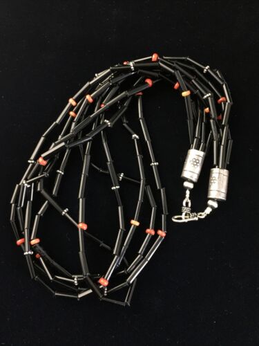Navajo Black Onyx Coral Turquoise Bead Necklace | 5 Strand Sterling Silver | 19" | 10038