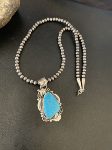 Men's Navajo Pearls Necklace with Blue Kingman Turquoise Pendant | Sterling Silver | Native American Handmade | 12590