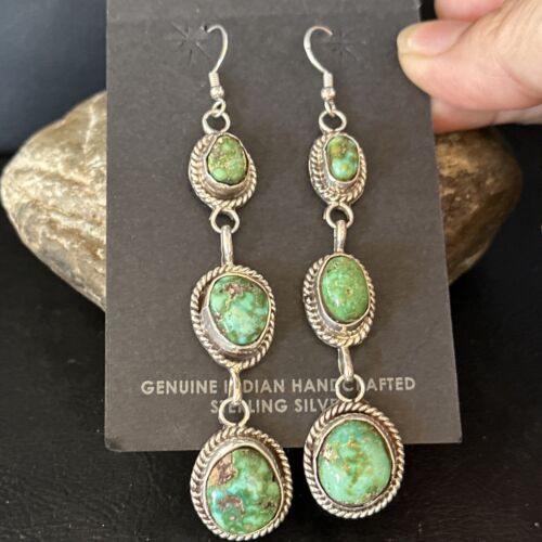 Navajo Green Sonoran Gold Turquoise Dangle Earrings | Sterling Silver | Authentic Native American Handmade | 14408