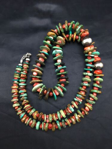 Navajo Green Turquoise Necklace | Sterling Silver | Authentic Native American | 28" Graduated | 3070