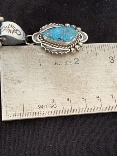 Navajo Spiderweb Kingman Turquoise Pendant Necklace | Sterling Silver | Authentic Native American Handmade | 688