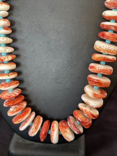 Navajo Turquoise & Red Spiny Oyster Necklace | Sterling Silver | Authentic Native American | Graduated | 22" | 10589 - Masha USA