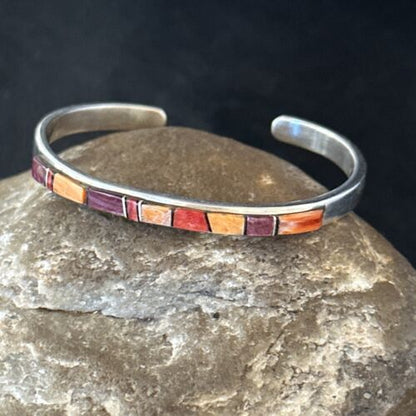 Purple Red Orange Spiny Oyster Inlay Cuff Bracelet | Navajo Sterling Silver | Handmade Jewelry 14393