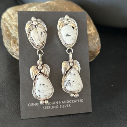 Navajo White Buffalo Turquoise Dangle Earrings | Sterling Silver | 2.5" | Authentic Native American Handmade | 14740