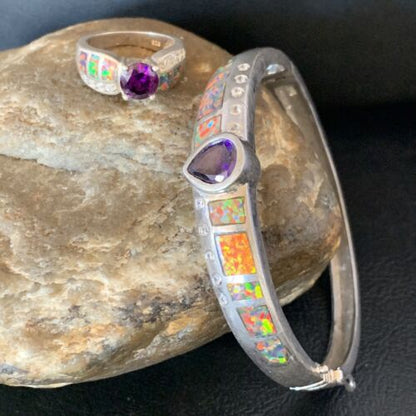 Navajo Sterling Silver Bracelet with Opal and Amethyst | 7" | Ring Sz 6 | Native American Handmade | 13120