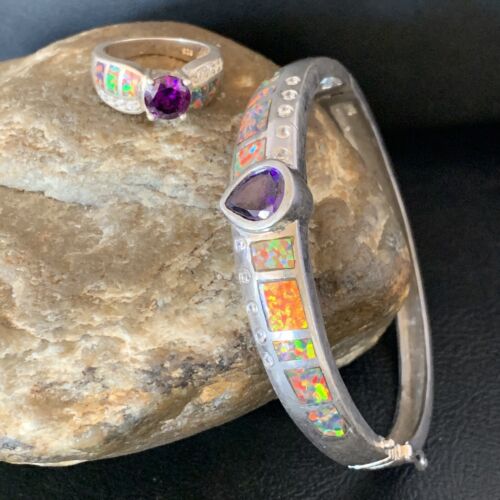 Native Navajo Sterling Silver Opal Amethyst Bracelet 7" Ring Sz 6 13120