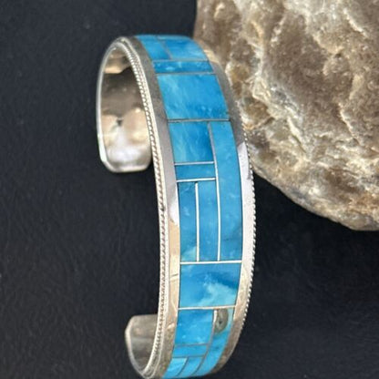 Native American Women's Blue Sleeping Beauty Turquoise Inlay Cuff Bracelet | Sterling Silver | 14321