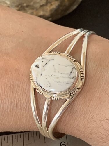 Navajo White Buffalo Turquoise Cuff Bracelet | Sterling Silver | Authentic Native American Handmade | 1389 - Masha USA