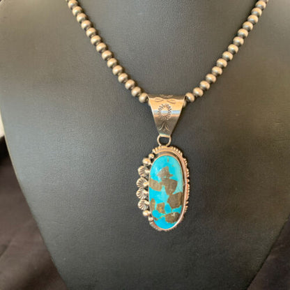 Navajo Pearls Necklace with Blue Kingman Turquoise Pendant | Sterling Silver | Authentic Native American Handmade | 10766