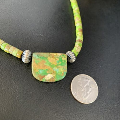 Navajo Green Gaspeite Turquoise Pendant | Sterling Silver | Authentic Native American Handmade | 13945