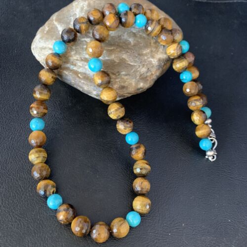 Navajo | Sterling Silver Necklace | Brown Tiger's Eye & Blue Turquoise | 20" | Authentic Native American Handmade | 13895